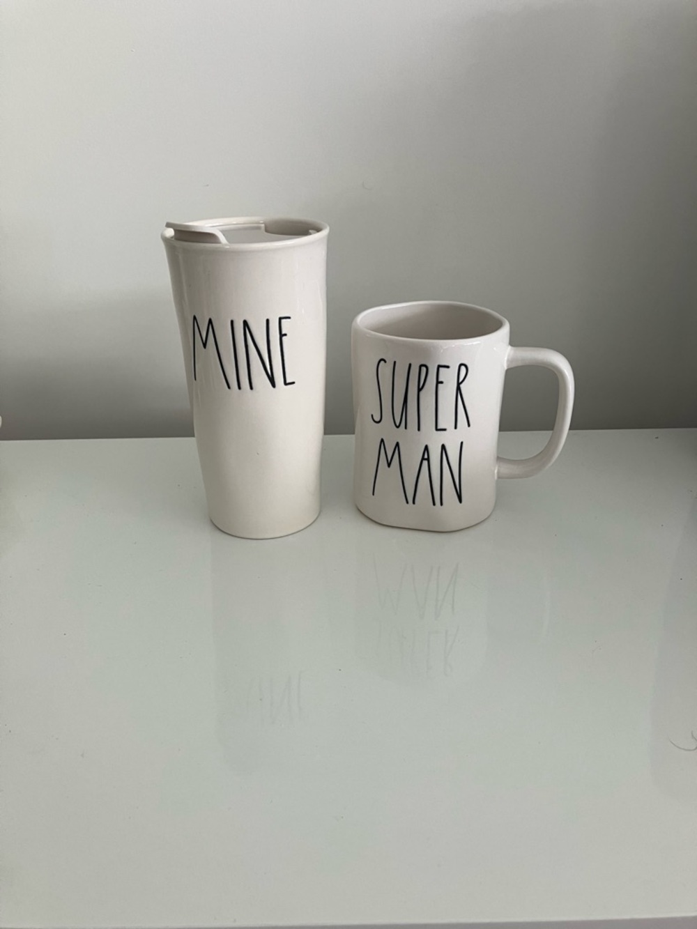 Rae Dunn White Ceramic Mugs - "Mine" Travel Tumbler & "Super Man" Mug
